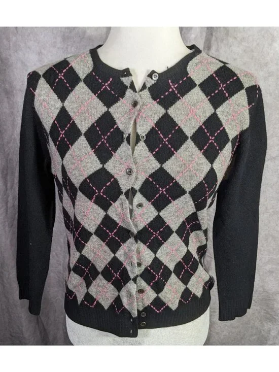 Preppy J.Crew Vintage Womens Cashmere Argyle Cardigan Sweater - Black/Gray/Pink - Picture 9 of 10